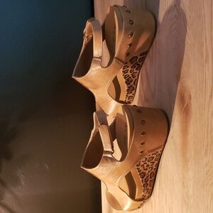 Corky's Faux Leather Wedge Sandal with Leopard print accent,size 11.